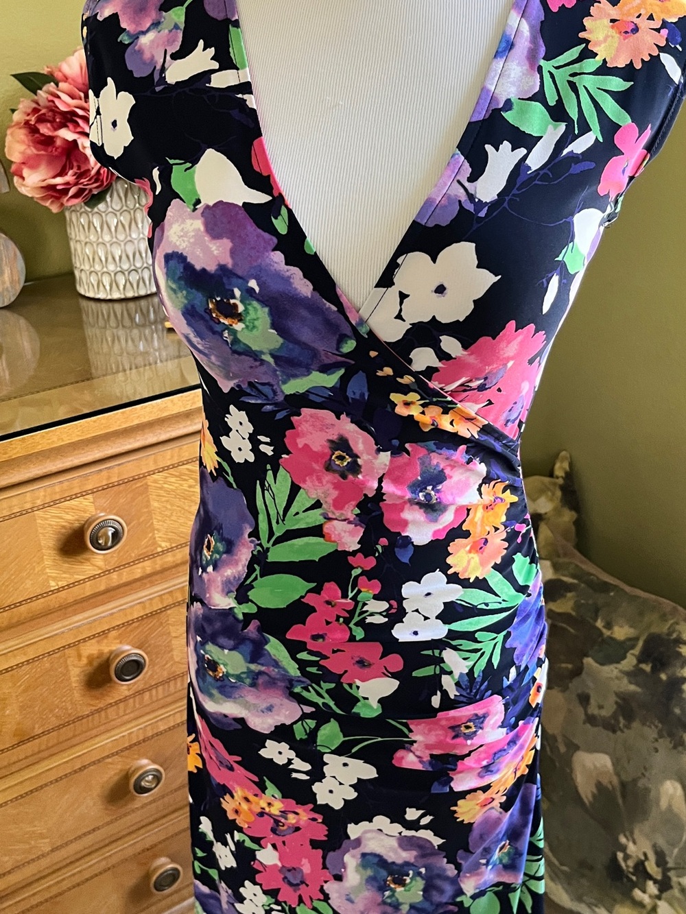 Ralph Lauren Navy Floral Wrap-Style Midi Dress with Pink, Purple & Green..NWOT